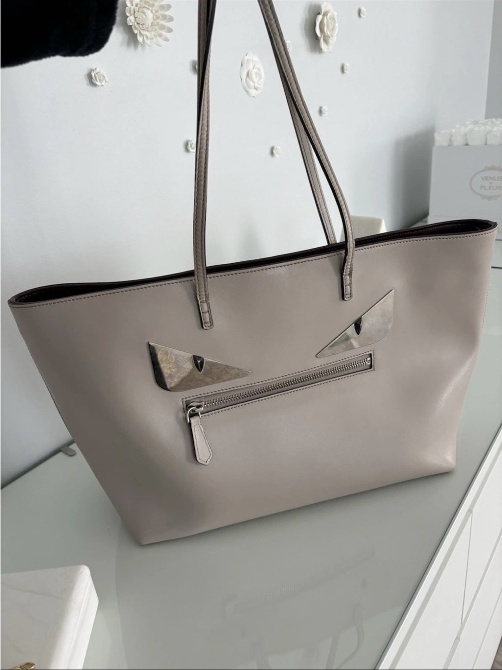 Fendi Taupe Leather Tote with Silver Metal Eye Accents